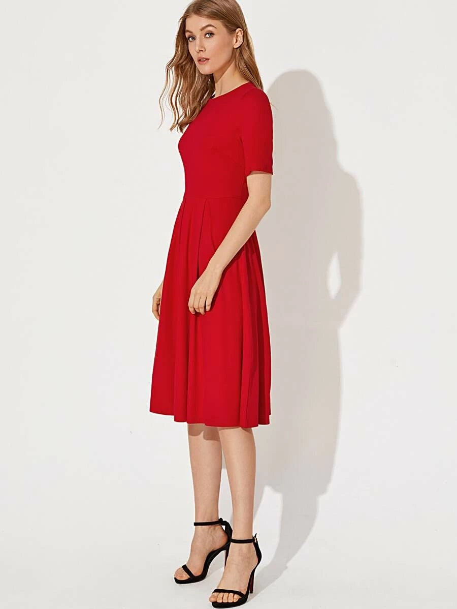 CM-DS202368 Women Casual Seoul Style Round Neck Short Sleeve Fit And Flare Solid Dress - Red