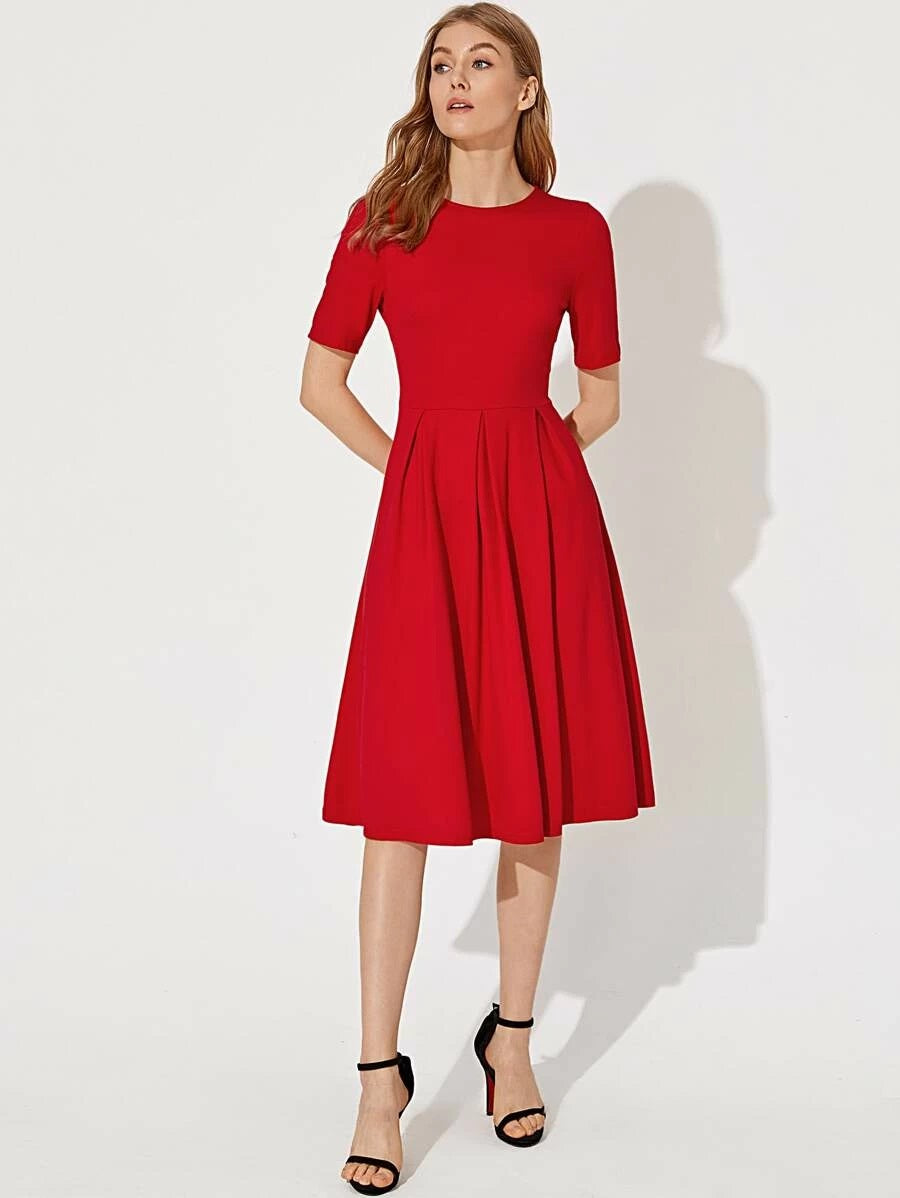 CM-DS202368 Women Casual Seoul Style Round Neck Short Sleeve Fit And Flare Solid Dress - Red