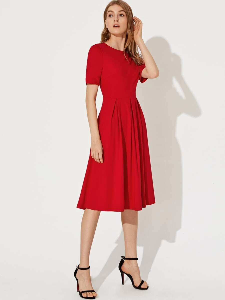 CM-DS202368 Women Casual Seoul Style Round Neck Short Sleeve Fit And Flare Solid Dress - Red
