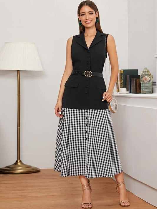 CM-DS226978 Women Elegant Seoul Style Notch Collar 2 In 1 Buffalo Plaid Sleeveless Shirt Dress - Black