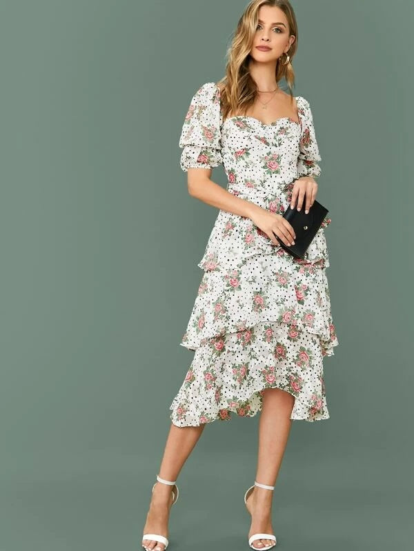 CM-DS206997 Women Elegant European Style Puff Sleeve Self Belted Floral Print Layered Dress