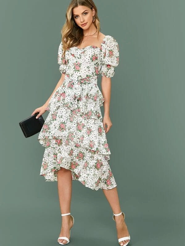 CM-DS206997 Women Elegant European Style Puff Sleeve Self Belted Floral Print Layered Dress