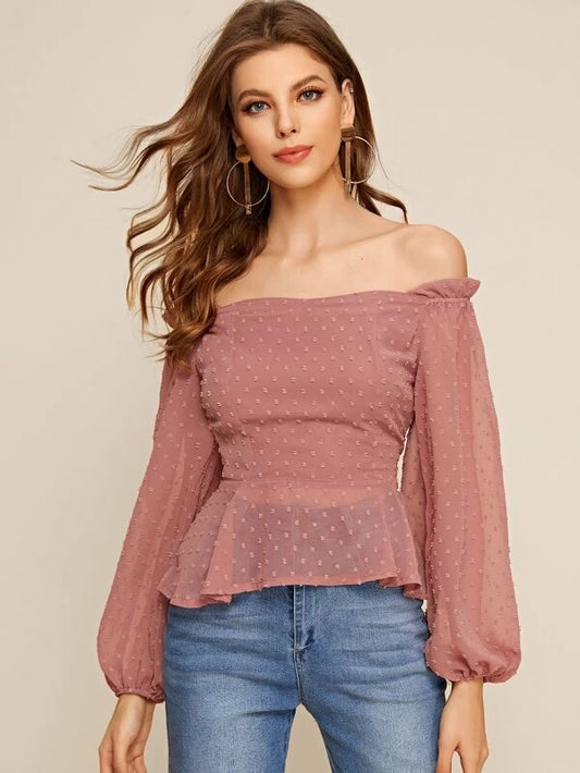 CM-TS226245 Women Elegant Seoul Style Off Shoulder Lantern Sleeve Swiss Dot Peplum Top - Pink