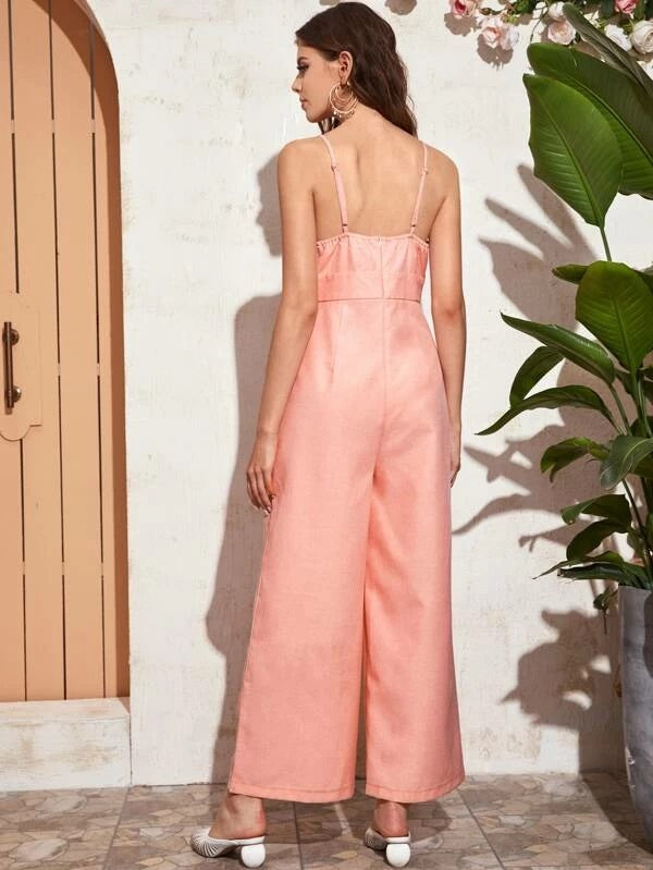 CM-JS103715 Women Casual Seoul Style Sleeveless Ruched Wide Leg Cami Jumpsuit - Pink