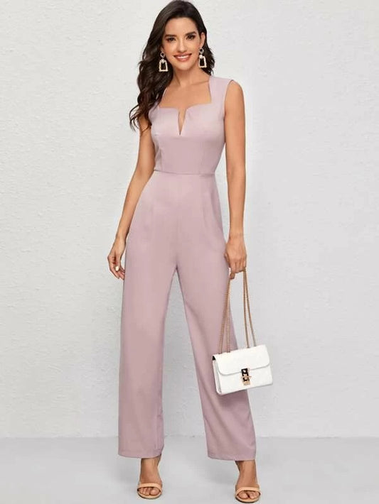 CM-JS224310 Women Casual Seoul Style Sleeveless Solid Notch Neck Jumpsuit - Pink