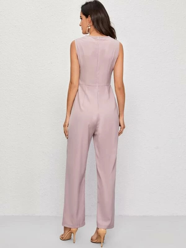 CM-JS224310 Women Casual Seoul Style Sleeveless Solid Notch Neck Jumpsuit - Pink