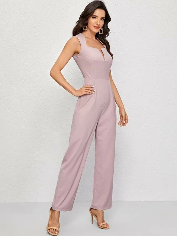 CM-JS224310 Women Casual Seoul Style Sleeveless Solid Notch Neck Jumpsuit - Pink