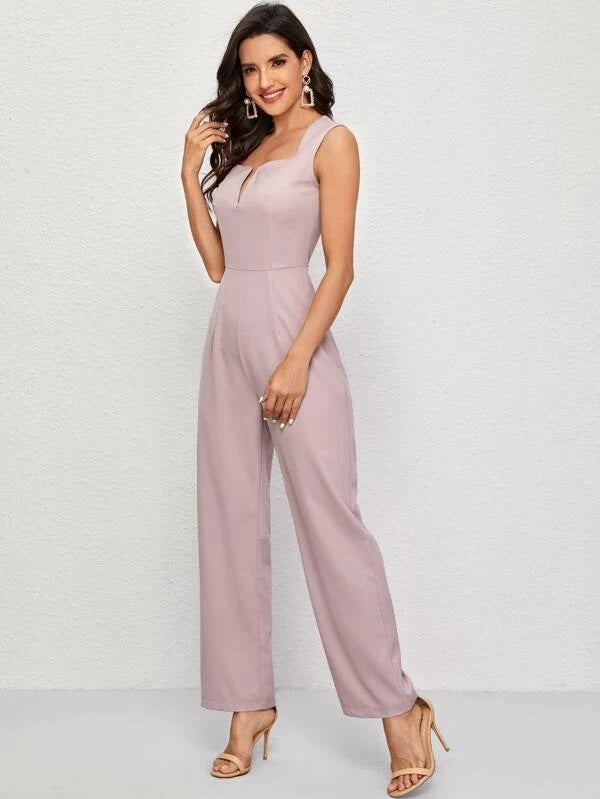 CM-JS224310 Women Casual Seoul Style Sleeveless Solid Notch Neck Jumpsuit - Pink