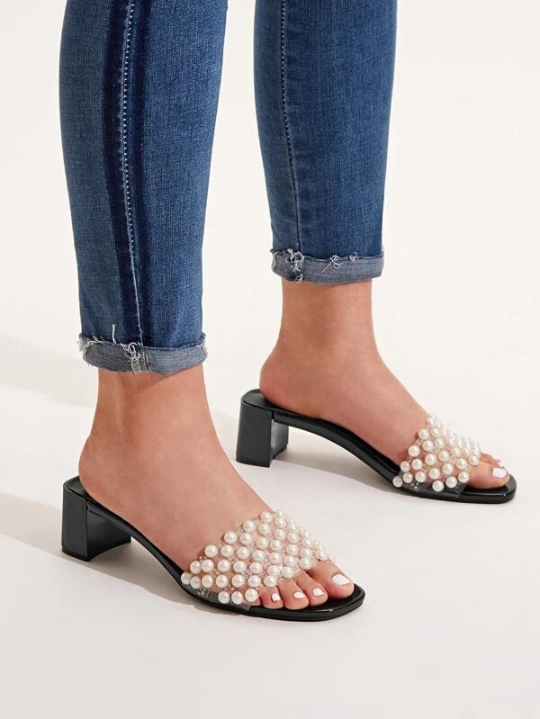 CM-SHS108642 Women Casual Seoul Style Faux Pearl Transparent Strap Heeled Mules