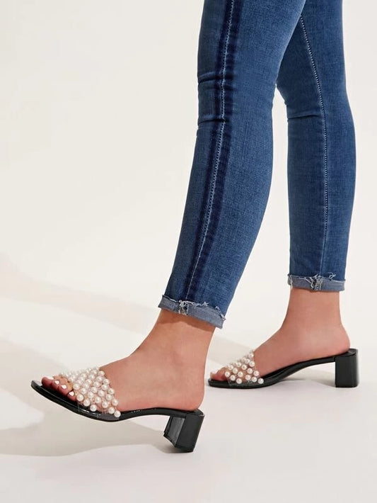CM-SHS108642 Women Casual Seoul Style Faux Pearl Transparent Strap Heeled Mules