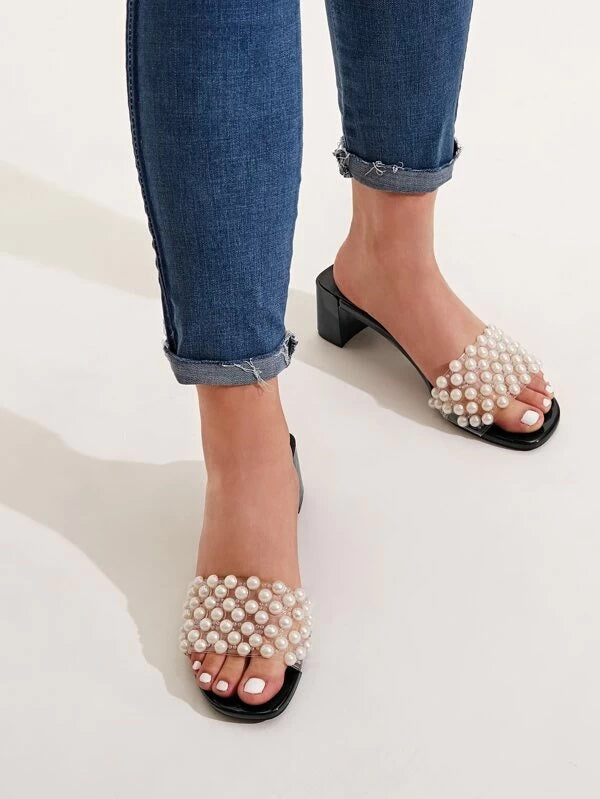 CM-SHS108642 Women Casual Seoul Style Faux Pearl Transparent Strap Heeled Mules