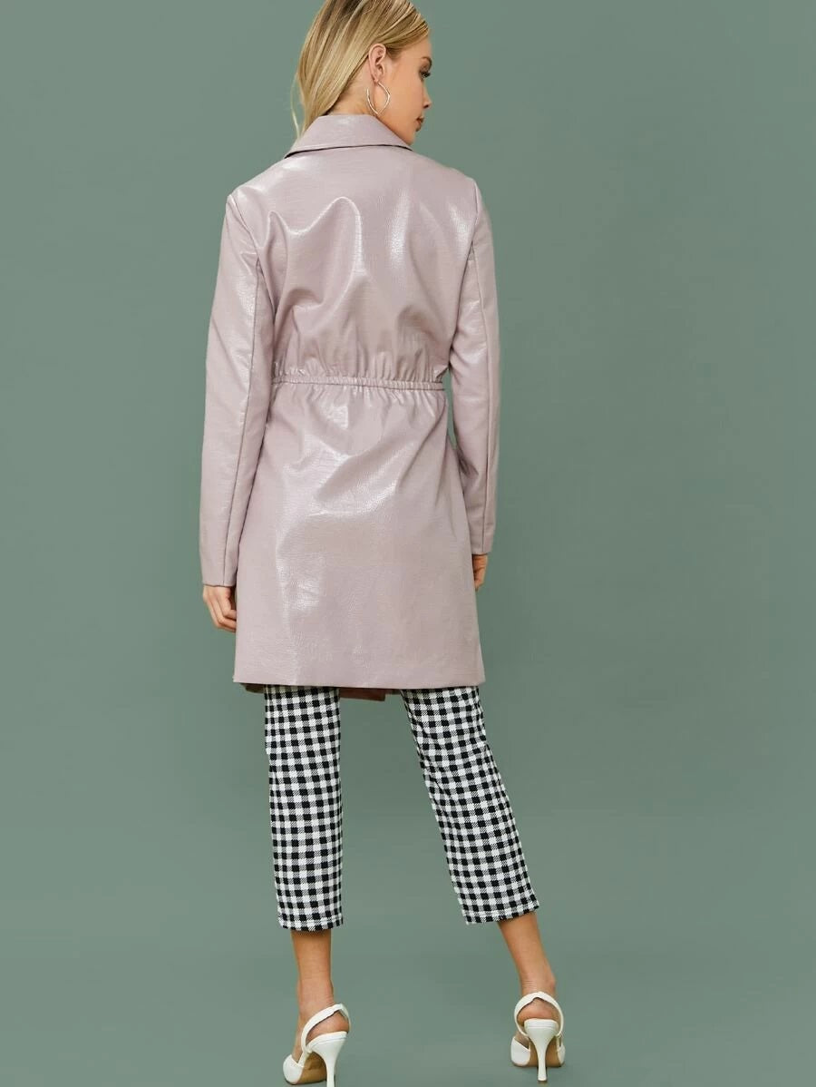 CM-CS211847 Women Elegant Seoul Style Notched Collar Self Belted Crocodile Embossed PU Leather Coat