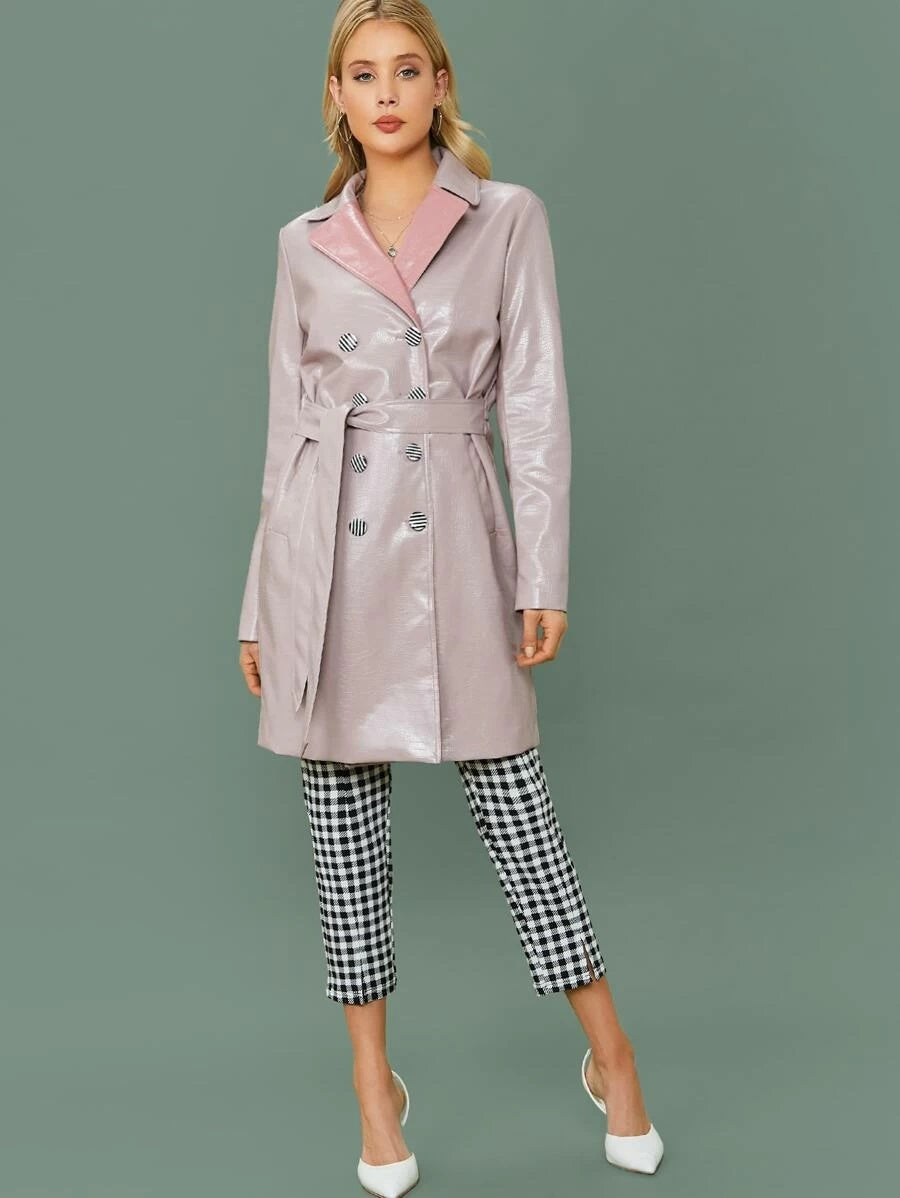 CM-CS211847 Women Elegant Seoul Style Notched Collar Self Belted Crocodile Embossed PU Leather Coat
