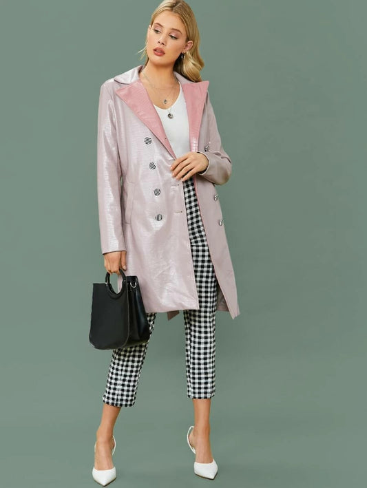 CM-CS211847 Women Elegant Seoul Style Notched Collar Self Belted Crocodile Embossed PU Leather Coat
