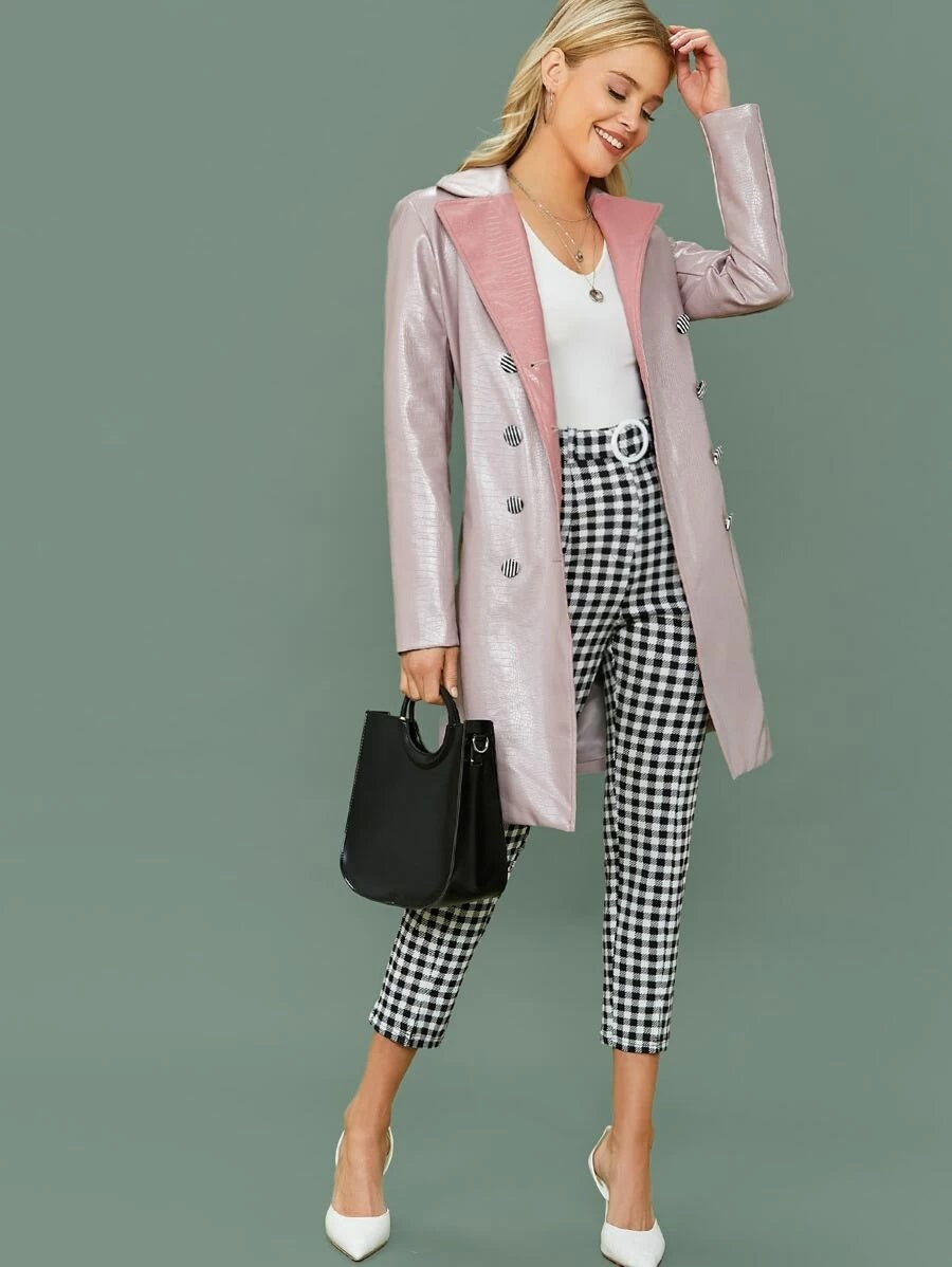 CM-CS211847 Women Elegant Seoul Style Notched Collar Self Belted Crocodile Embossed PU Leather Coat