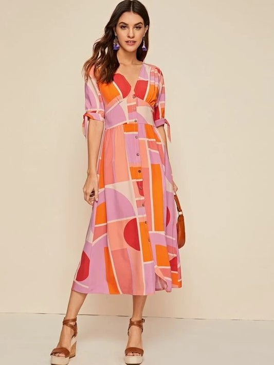 CM-DS103526 Women Casual Seoul Style Short Sleeve Button Through Patchwork A-Line Dress