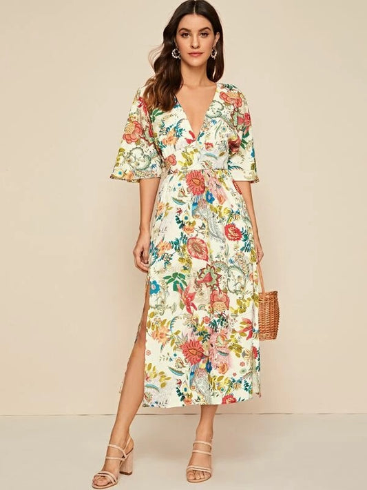 CM-DS103951 Women Bohemian Style Half Sleeve Plunging Neck Split Thigh Plants Print Dress