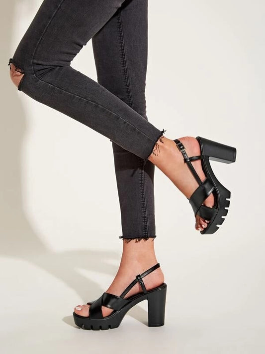 CM-SHS107953 Women Elegant Seoul Style Slingback Lug Sole Chunky Heels - Black