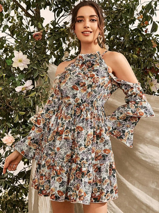 CM-DS109788 Women Casual Seoul Style Layered Sleeve Cold Shoulder Floral Print Short Dress