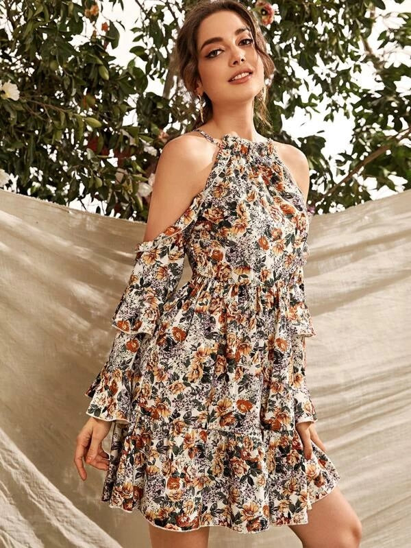 CM-DS109788 Women Casual Seoul Style Layered Sleeve Cold Shoulder Floral Print Short Dress