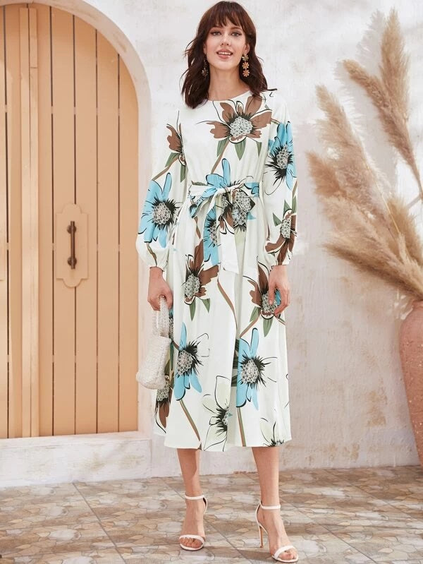 CM-DS104527 Women Elegant Bohemian Style Long Sleeve Round Neck Self Belted Floral Print Dress