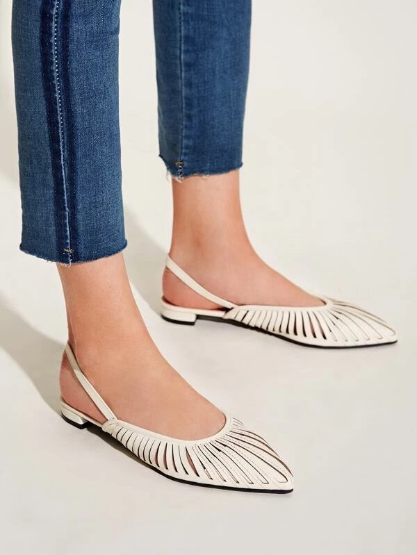 CM-SHS130196 Women Casual Seoul Style Point Toe Cut-Out Slingback Flats - White