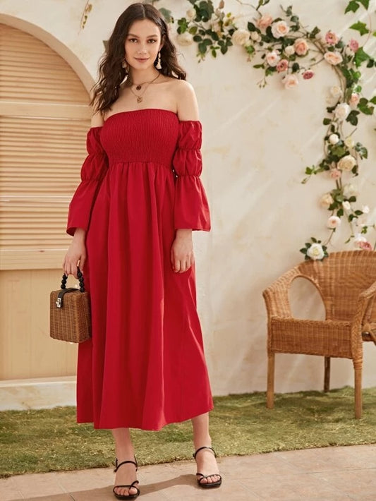 CM-DS225227 Women Bohemian Style Off Shoulder Gathered Sleeve Shirred Long Dress - Red