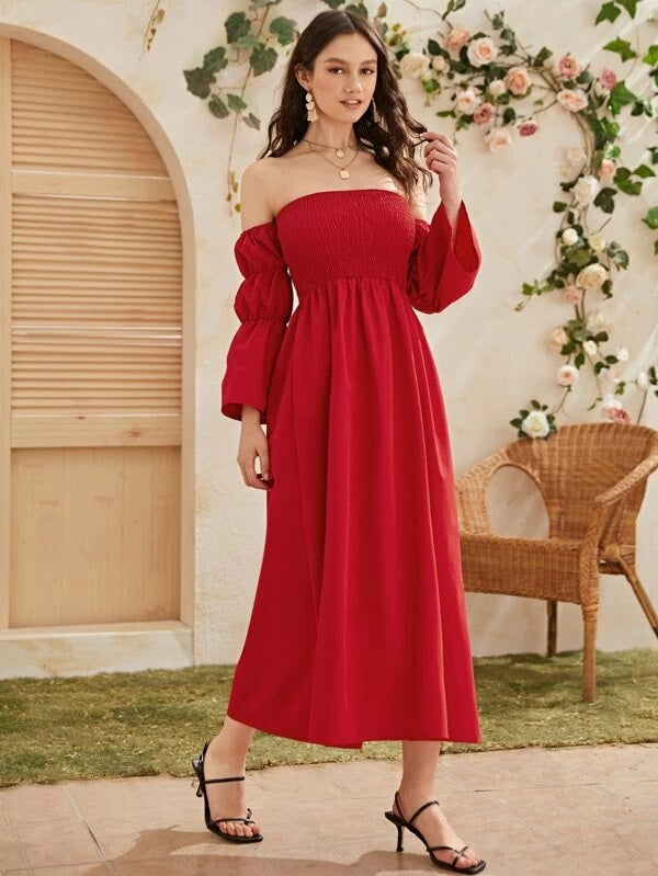 CM-DS225227 Women Bohemian Style Off Shoulder Gathered Sleeve Shirred Long Dress - Red