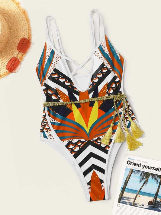 CM-SWS110938 Women Trendy Seoul Style Geometric Print Tassel Trim One Piece Swimsuit