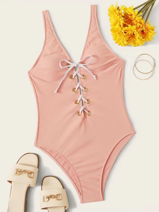 CM-SWS110773 Women Trendy Seoul Style Lace Up Front One Piece Swimsuit - Pink