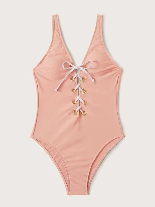 CM-SWS110773 Women Trendy Seoul Style Lace Up Front One Piece Swimsuit - Pink