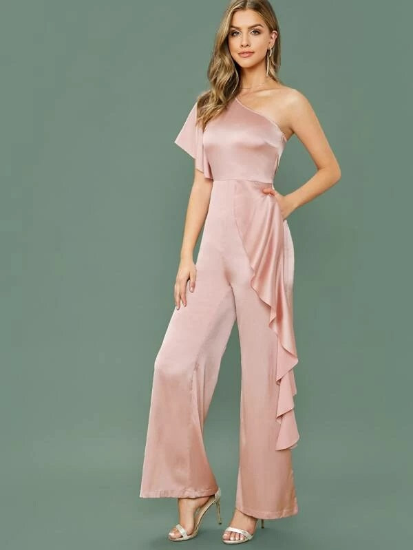CM-JS219186 Women Elegant Seoul Style One Shoulder Ruffle Trim Slant Pocket Satin Jumpsuit - Pink
