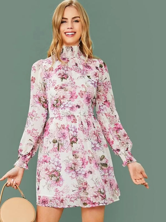 CM-DS212316 Women Elegant Seoul Style Shirred Trim Lantern Sleeve Floral Print Flare Dress