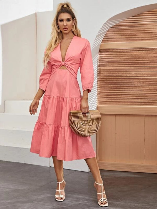 CM-DS211526 Women Casual Seoul Style Plunging Neck Flounce Hem Knot Front Peekaboo Dress - Pink