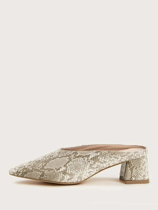 CM-SHS110917 Women Elegant Seoul Style Snakeskin Chunky Heeled Mules - Beige