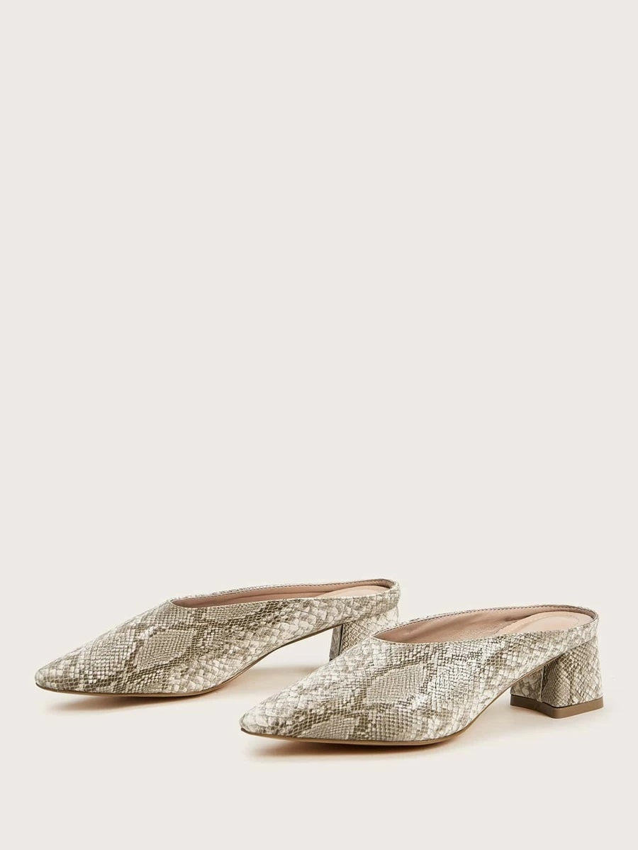 CM-SHS110917 Women Elegant Seoul Style Snakeskin Chunky Heeled Mules - Beige