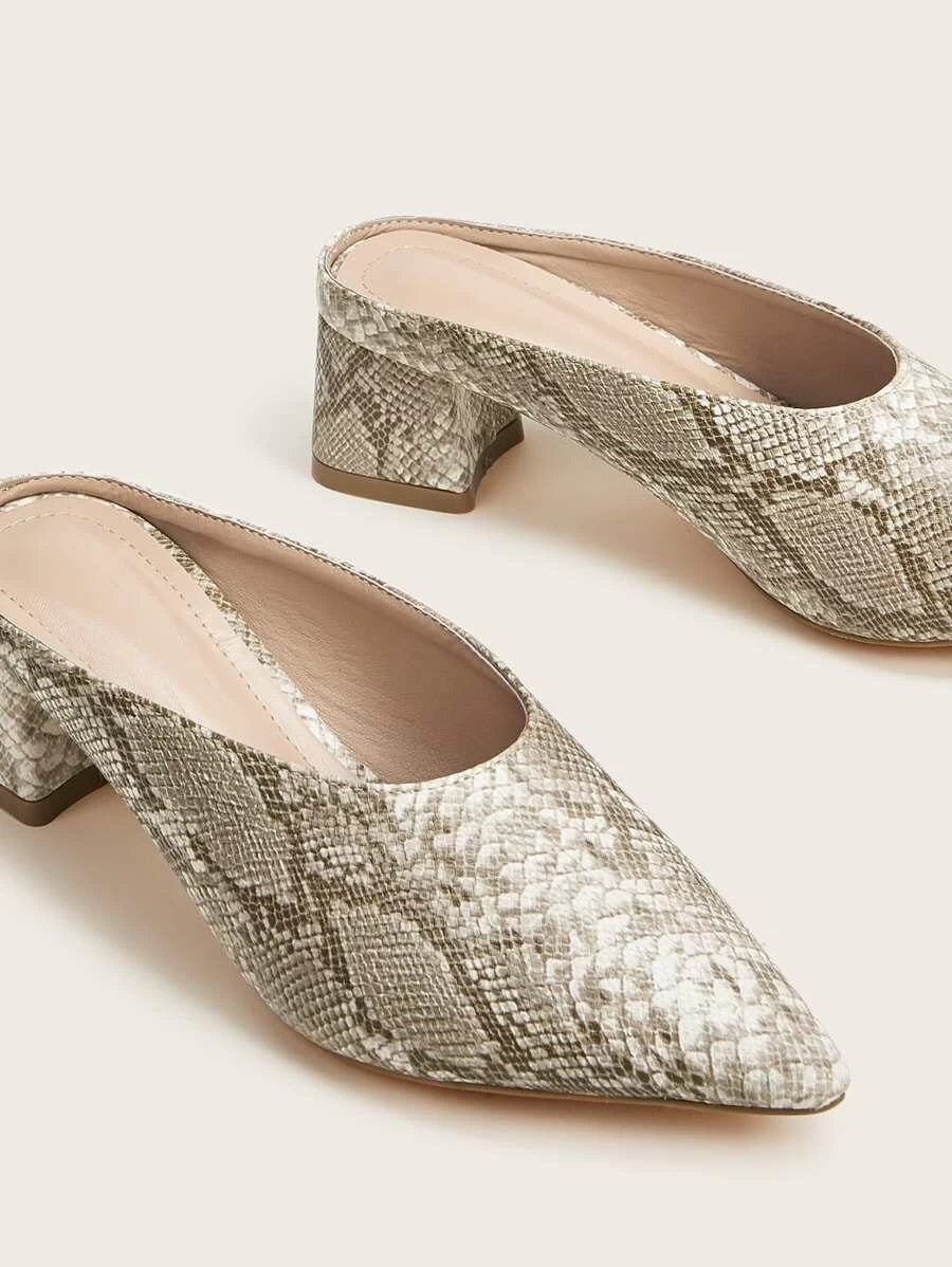 CM-SHS110917 Women Elegant Seoul Style Snakeskin Chunky Heeled Mules - Beige