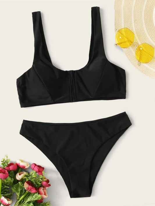 CM-SWS108201 Women Trendy Seoul Style Zipper Front Top With High Cut Bikini Set - Black