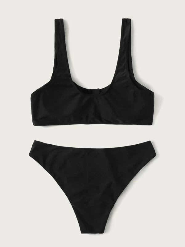 CM-SWS108201 Women Trendy Seoul Style Zipper Front Top With High Cut Bikini Set - Black