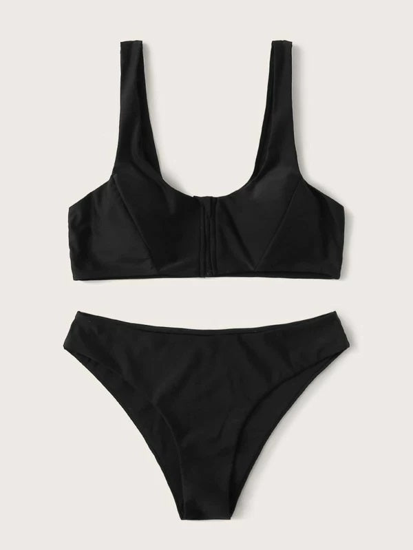 CM-SWS108201 Women Trendy Seoul Style Zipper Front Top With High Cut Bikini Set - Black