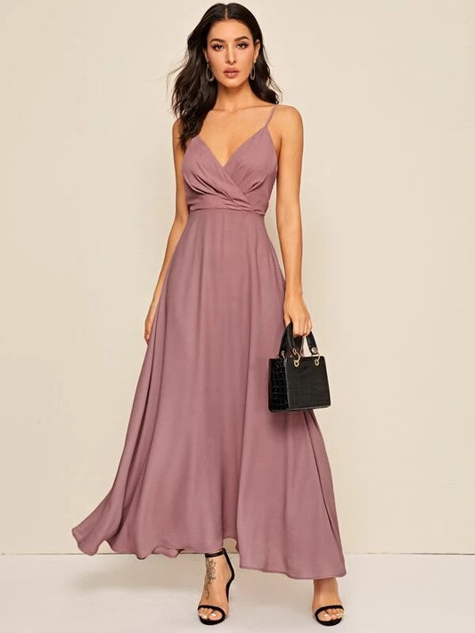 CM-DS128894 Women Elegant Seoul Style Sleeveless Surplice Neck Solid Maxi Cami Dress - Nude