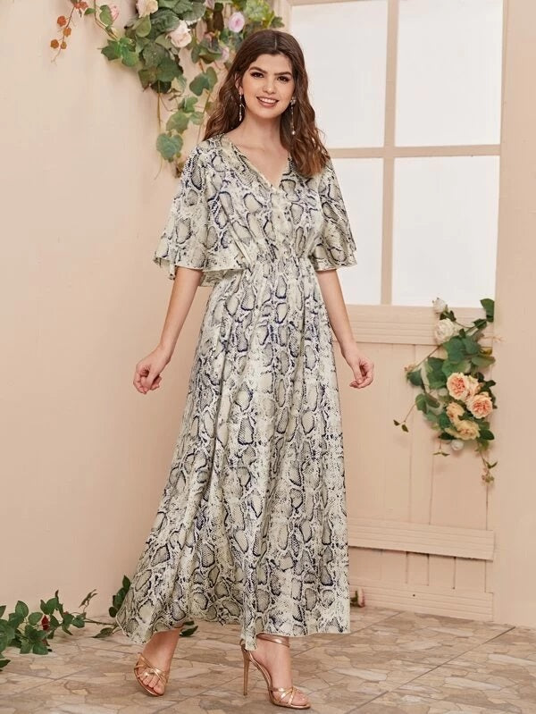 CM-DS107710 Women Casual Seoul Style V-Neck Snakeskin Print Flutter Sleeve Maxi Dress