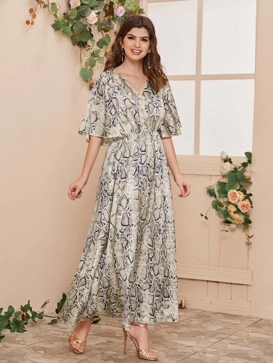 CM-DS107710 Women Casual Seoul Style V-Neck Snakeskin Print Flutter Sleeve Maxi Dress