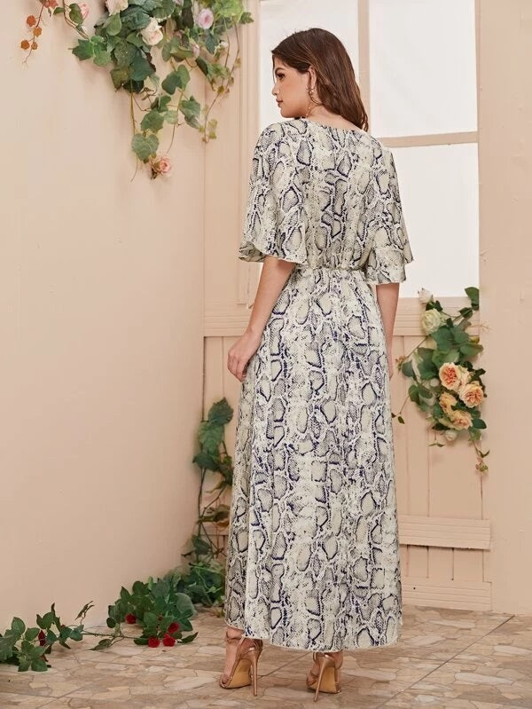 CM-DS107710 Women Casual Seoul Style V-Neck Snakeskin Print Flutter Sleeve Maxi Dress