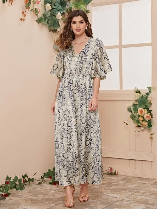 CM-DS107710 Women Casual Seoul Style V-Neck Snakeskin Print Flutter Sleeve Maxi Dress