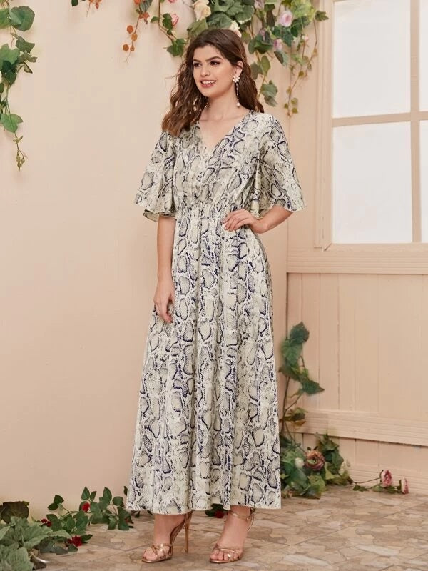 CM-DS107710 Women Casual Seoul Style V-Neck Snakeskin Print Flutter Sleeve Maxi Dress