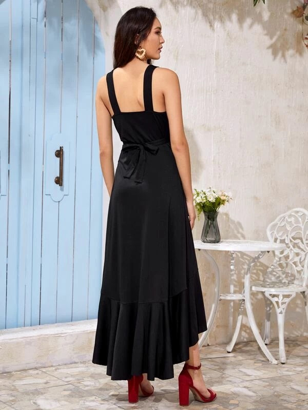 CM-DS230635 Women Elegant Seoul Style Ring Detail Ruffle Hem Asymmetrical Wrap Dress - Black
