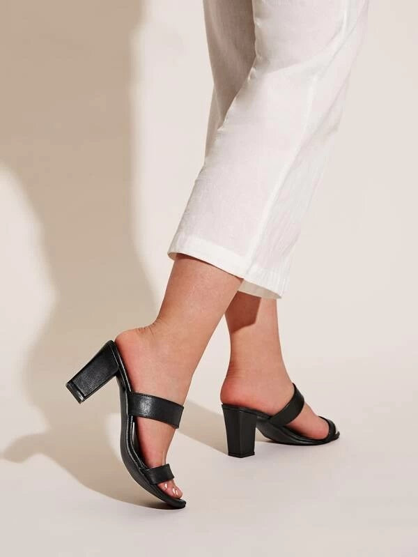 CM-SHS113941 Women Elegant Seoul Style Double Strap Chunky Heeled Mules - Black