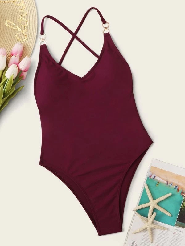 CM-SWS113786 Women Trendy Seoul Style Ring Linked Criss Cross One Piece Swimsuit - Wine Red