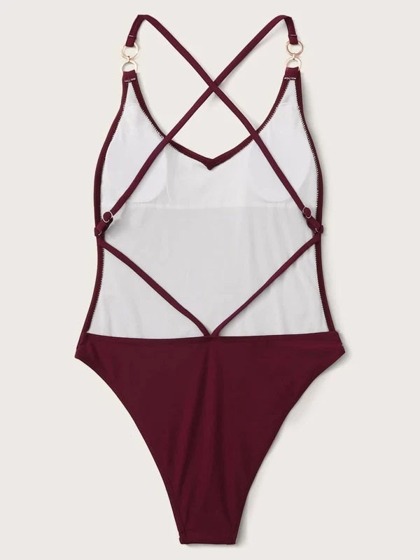 CM-SWS113786 Women Trendy Seoul Style Ring Linked Criss Cross One Piece Swimsuit - Wine Red